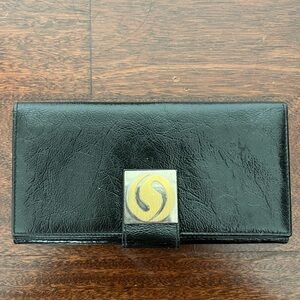 Vintage Vegan Patent Leather Black Wallet With Gold Swirl Accent Snap Closure